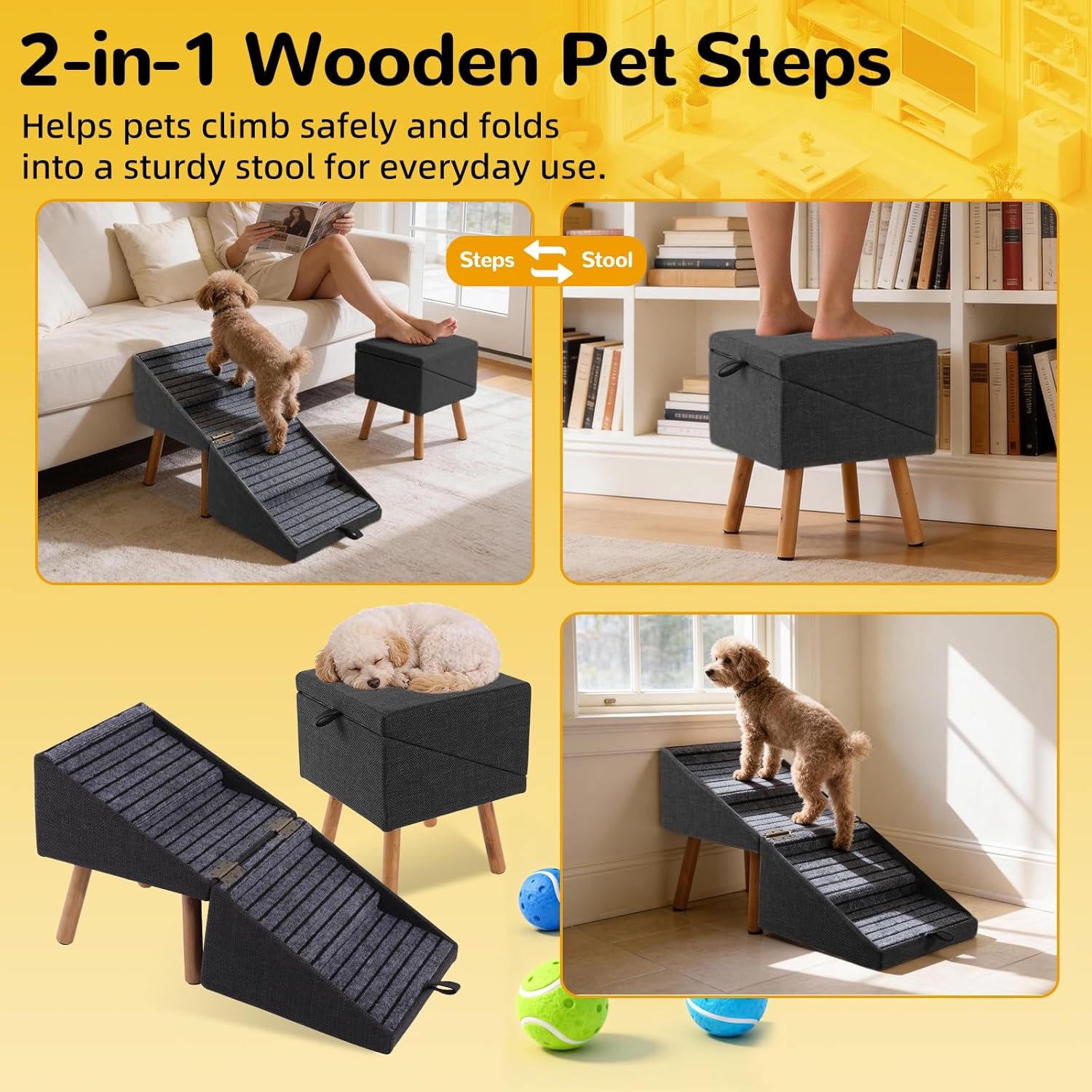 🐶 Foldable Dog Stairs for Couch & High Bed - 3-Step Non-Slip Pet Ramp
